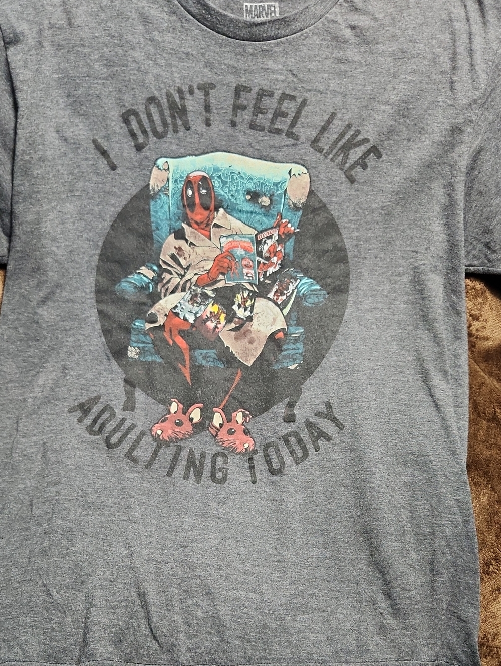 Marvel Gray Deadpool Graphic Tee LARGE Teal & Red,GREY DONT FEEL LIKE ADULTING